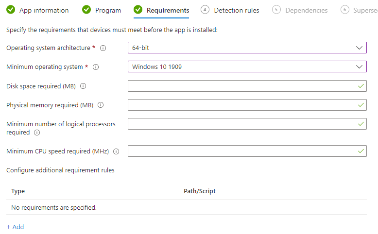 Image shows the Requirements screen from the Add App wizard in Intune.