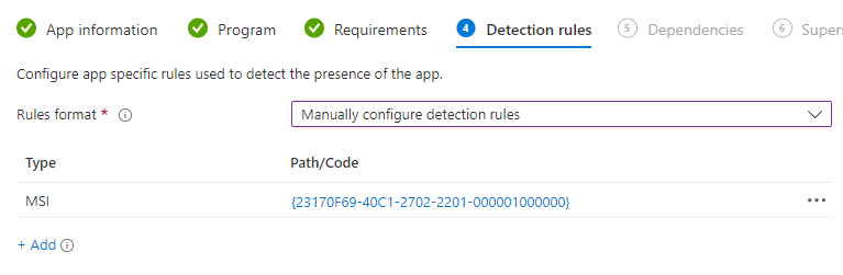 Image shows the Detection Rules page of the Add App wizard.  It lists the MSI detection rule that was parsed from the original MSI.