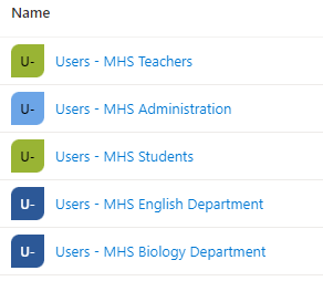 Image shows 5 groups from the Intune console:
Users - MHS Teachers
Users - MHS Administration
Users - MHS Students
Users - MHS English Department
Users - MHS Biology Department