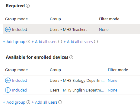 Image shows a portion of the Required and Available assignments that contains the group names.
