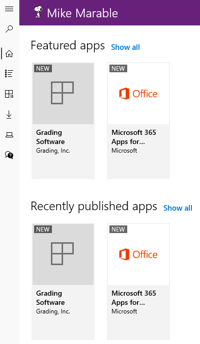 Image shows the Company Portal home screen.  The demo "Grading Software" as well as the Office 365 applications are shown in both the Feature Apps section and the Recently published apps section.