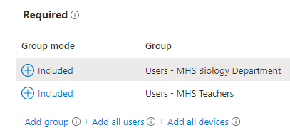 Image is of a portion of the Required assignments showing both the Users-MHS Biology Department and the Users-MHS Teachers groups.