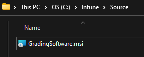 Image of File Explorer showing the folder C:\Intune\Source with a single MSI file.  The MSI is named "GradingSoftware.msi"