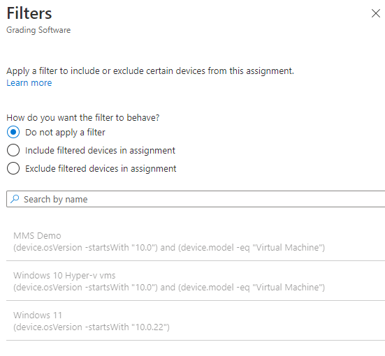 Image shows the filtering options to include or exclude devices based on the filter selected from a list of available filters.