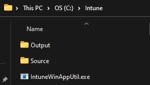 Image of File Explorer showing the folder C:\Intune.  Inside this folder are 2 subfolders named Source and Output.  There is also a single executable named IntuneWinAppUtil.exe.