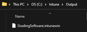 Image of File Explorer showing the folder C:\Intune\Output with a single file.  The file is named "GradingSoftware.intunewin"