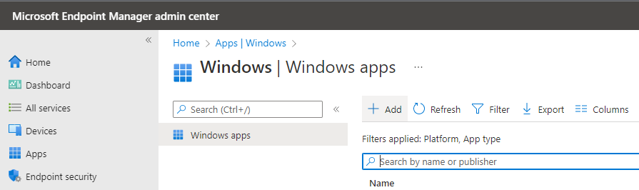 Image shows a portion of the Intune web console.  The Apps\Windows pane is displayed.