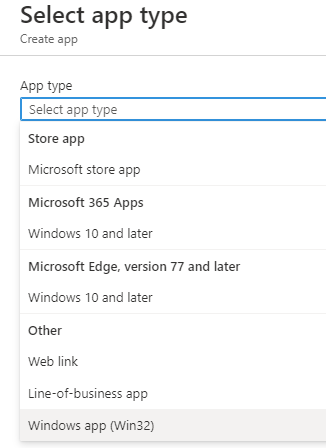 Image shows the "Select app type" selection list with Windows app (Win32) highlighted.